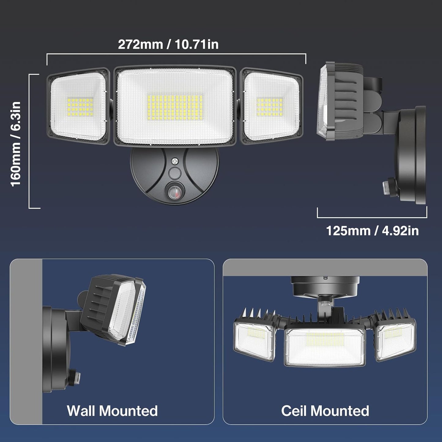 100W Dusk to Dawn LED Outdoor Flood Light - 11000LM Waterproof Security Light with 3 Heads Photocell for Garage & Yard