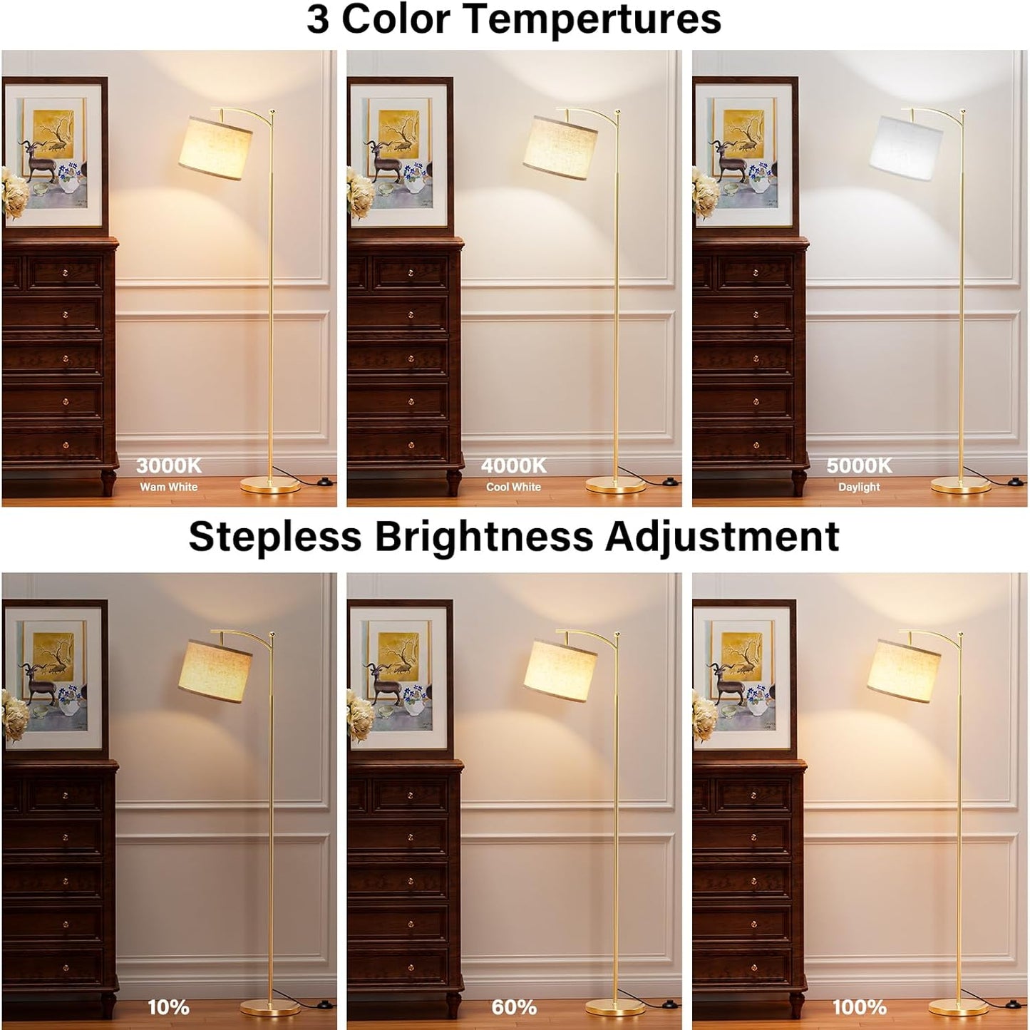 Modern 60" Floor Lamp with Remote Control & Dimmable LED Bulb - Beige Shade, Adjustable Brightness for Living Room