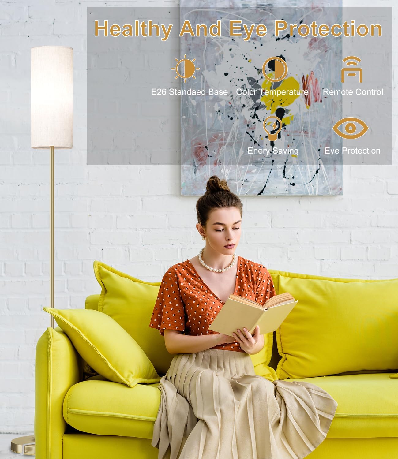 LED Floor Lamp with Remote & Dimmable Feature - Modern Gold Standing Lamp for Living Room & Bedroom