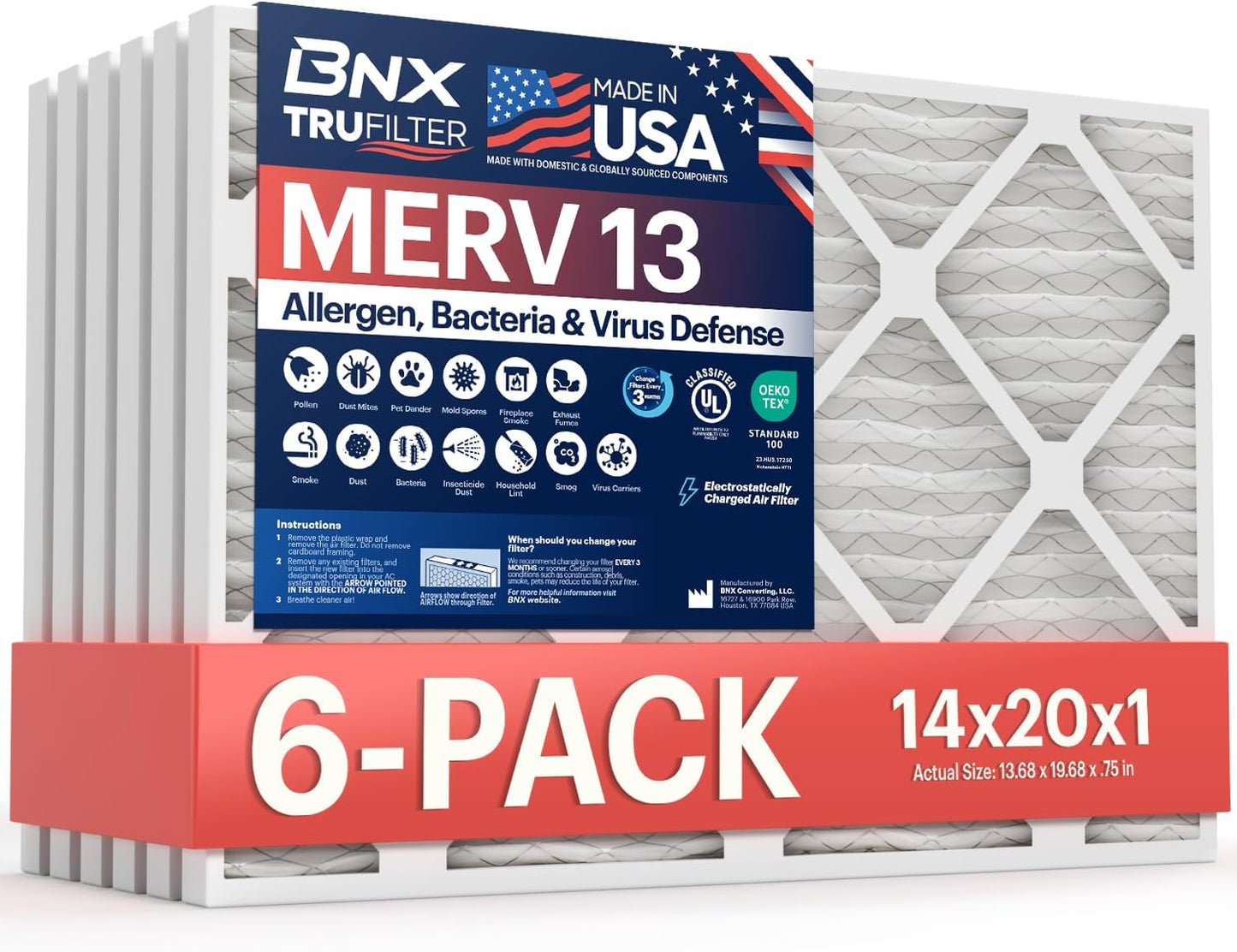 BNX TruFilter 12x12x1 MERV 8 Air Filters (6-Pack) - USA-Made Dust & Pet Defense for HVAC