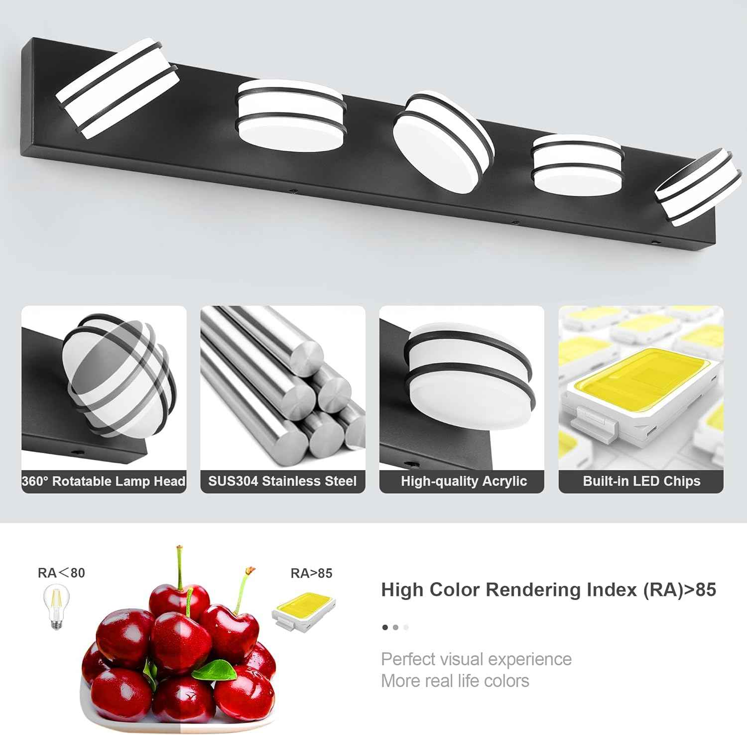LED Chrome 3-Light Dimmable Bathroom Vanity Light Fixture - Modern Acrylic & Stainless Steel Over Mirror Lighting