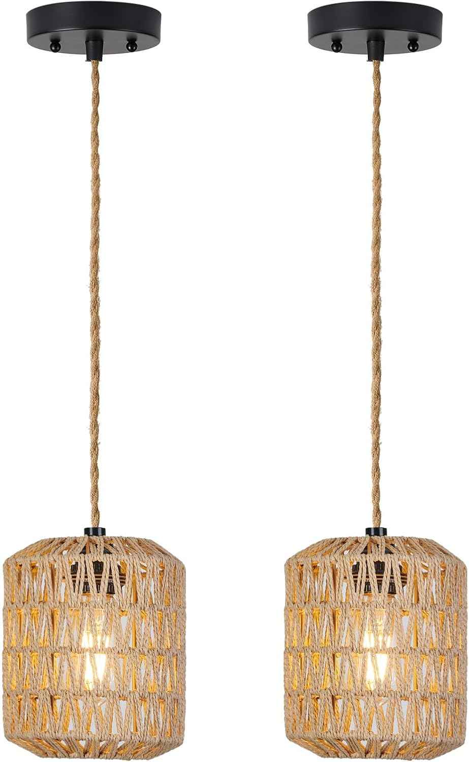 Boho Rattan Pendant Light with 3 Bulbs & 22ft Cord - Woven Hanging Chandelier for Bedroom, Kitchen, Hallway