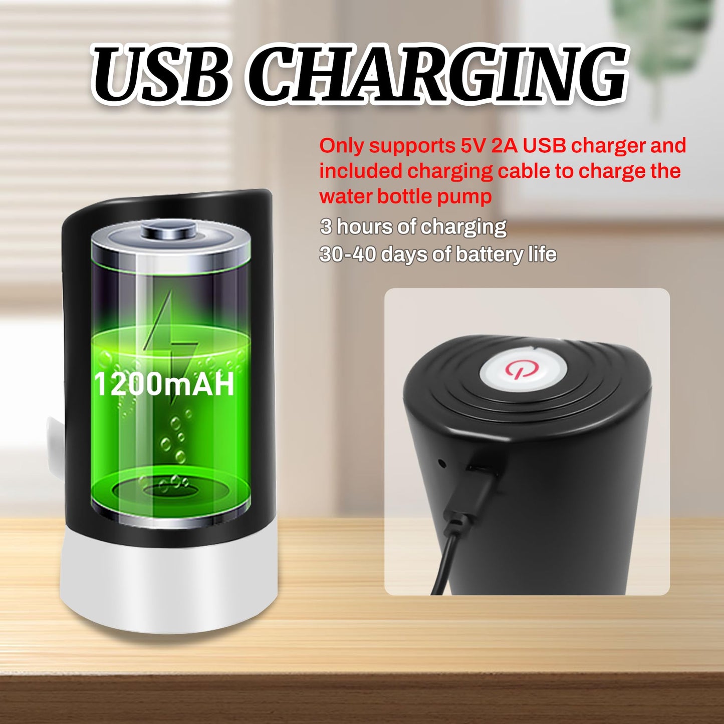 Water Table Pump, Portability Electric Water Pump with USB Data Cable,Black Automatic Drinking Water Bottle Pump for Travel, Kitchen, Home, Office