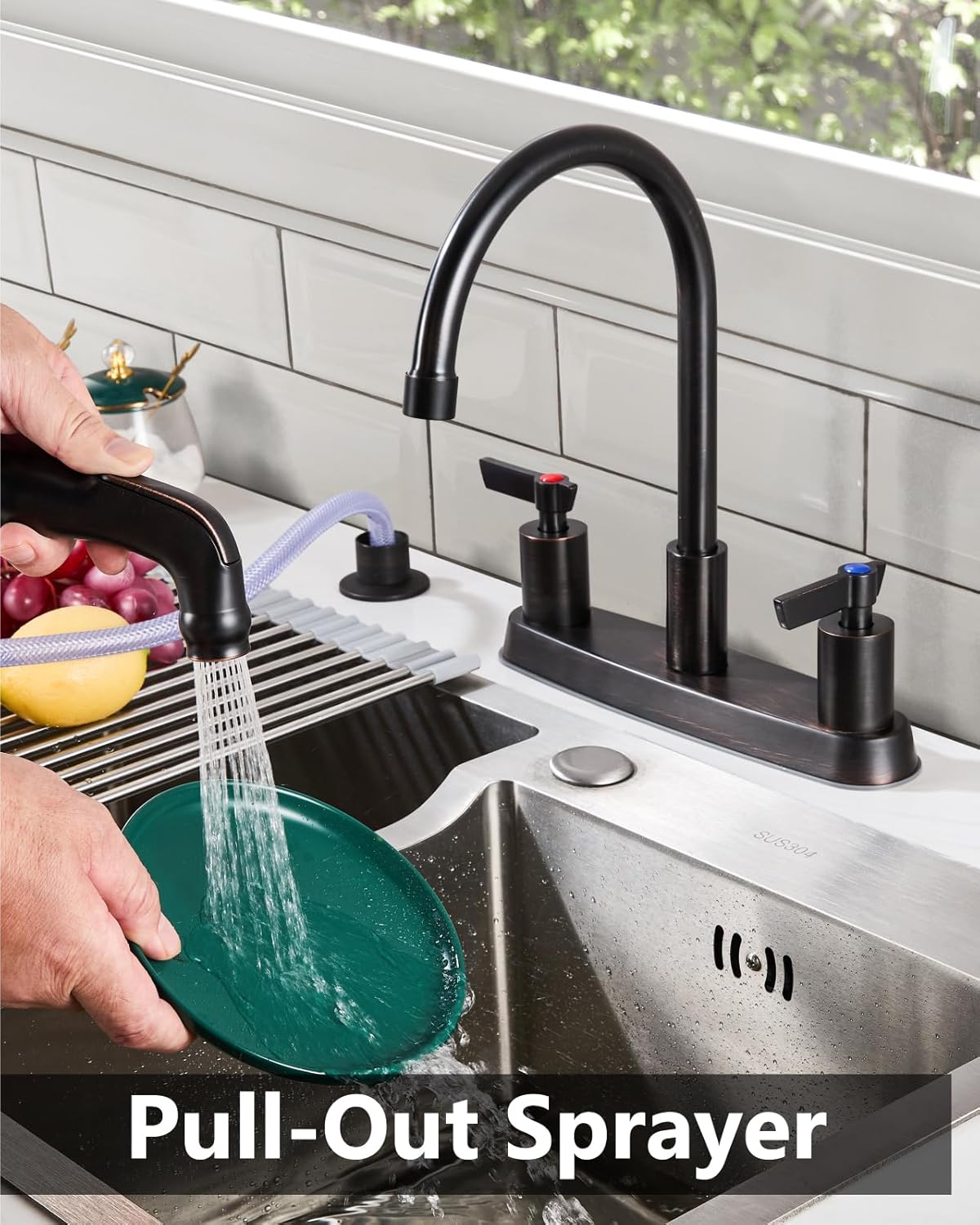 Brushed Nickel Kitchen Faucet with Sprayer - 2 Handle 8-Inch Centerset 3 Hole