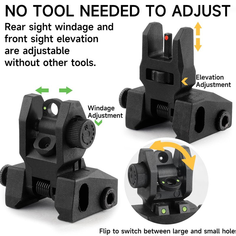 TPRCOL 2nd Flip Up Front and Rear Sights, Black, Picatinny Rail Mount with Green Red Fiber Optic Dots