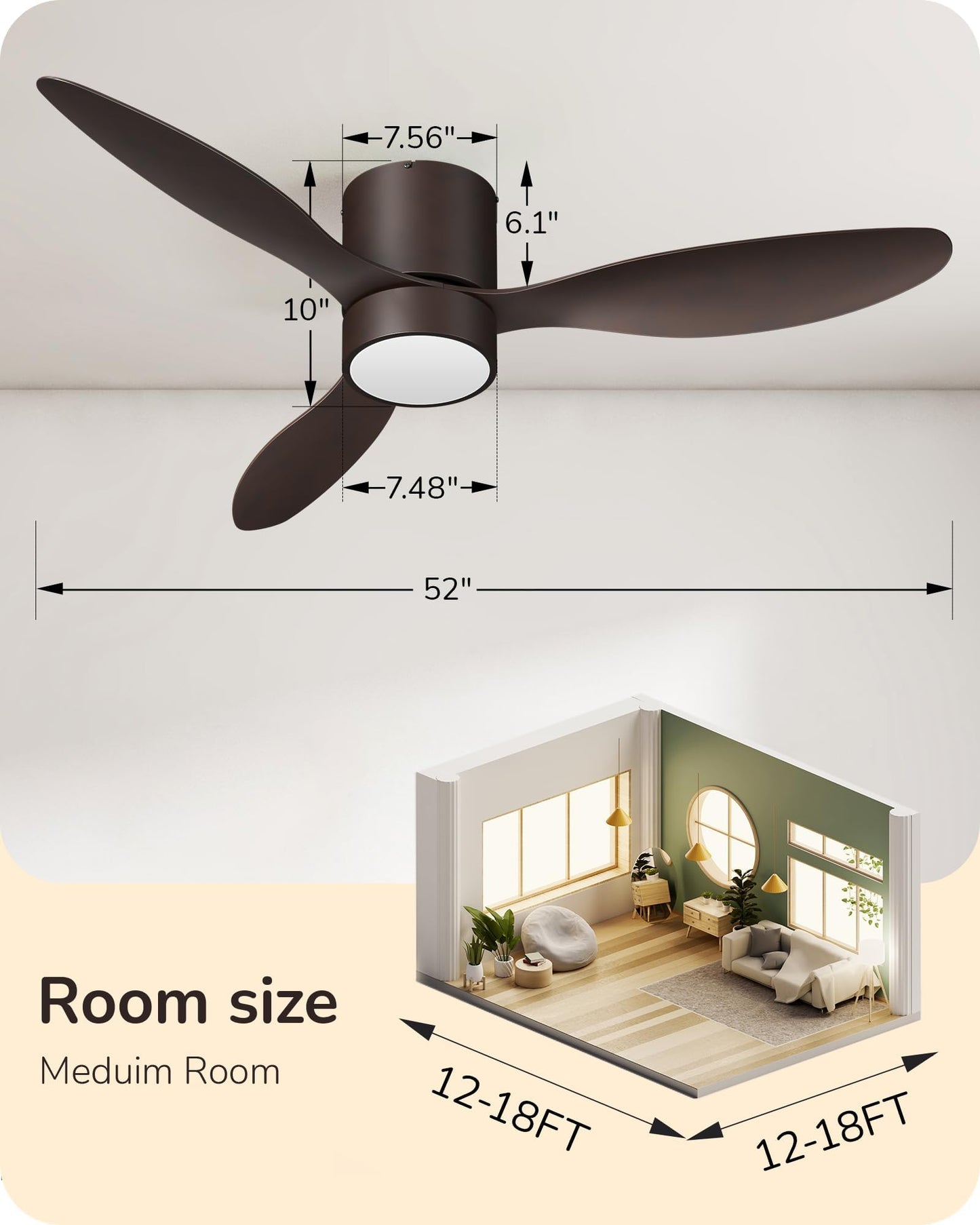 EDISHINE 52" Low Profile Ceiling Fans with Lights, Remote Control, Noiseless, 3CCT LED Dimmable, Reversible DC Motor, Timer, 6 Speeds, Modern Ceiling Fan Flush Mount for Bedroom Living Room, UL Listed
