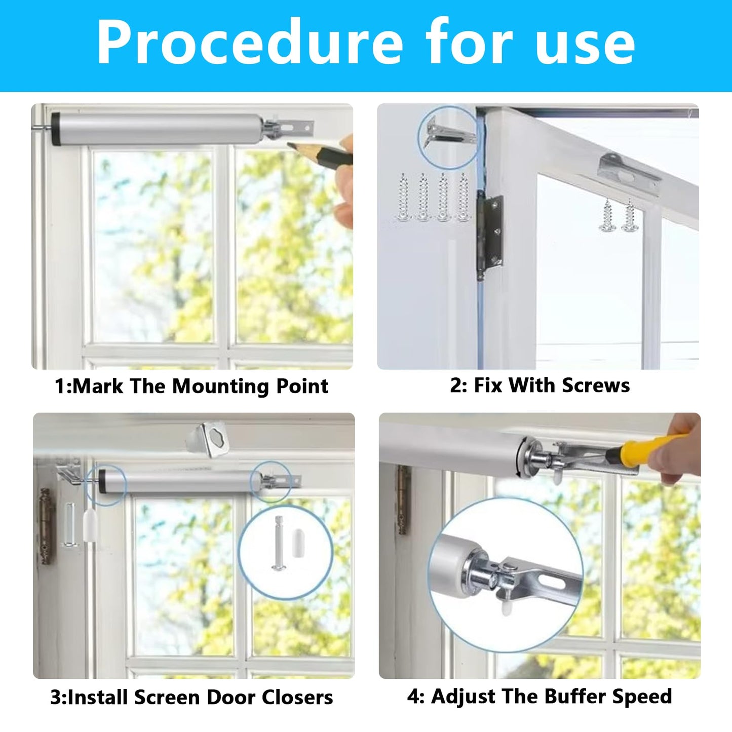 Pneumatic Screen and Storm Door Closer Kit, Heavy Screen Door Closers Closure forScreen Doors and Storm Doors Hardware Replacement, with Bracket & Parts(White)