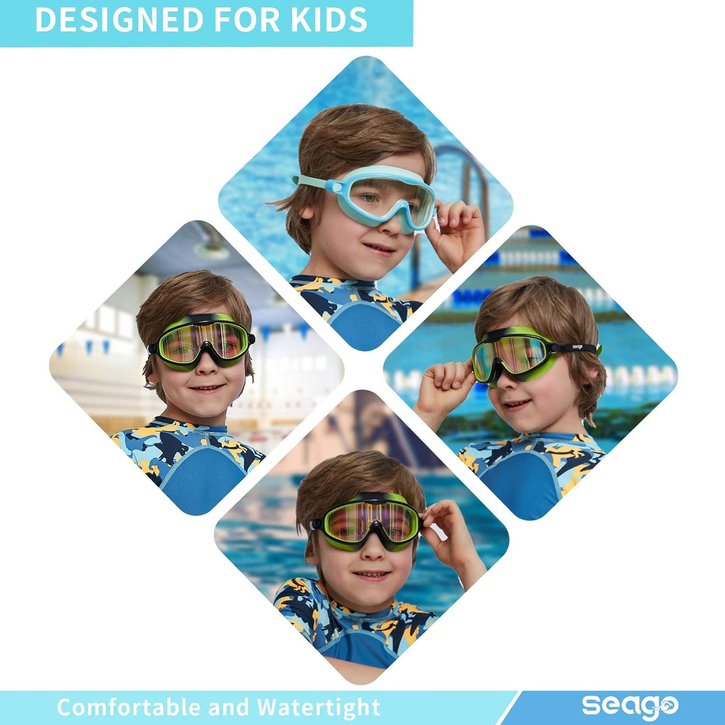 Seago Swim Goggles - 2 Pack Anti-Fog & UV Protection | Wide View for Kids Ages 3-14