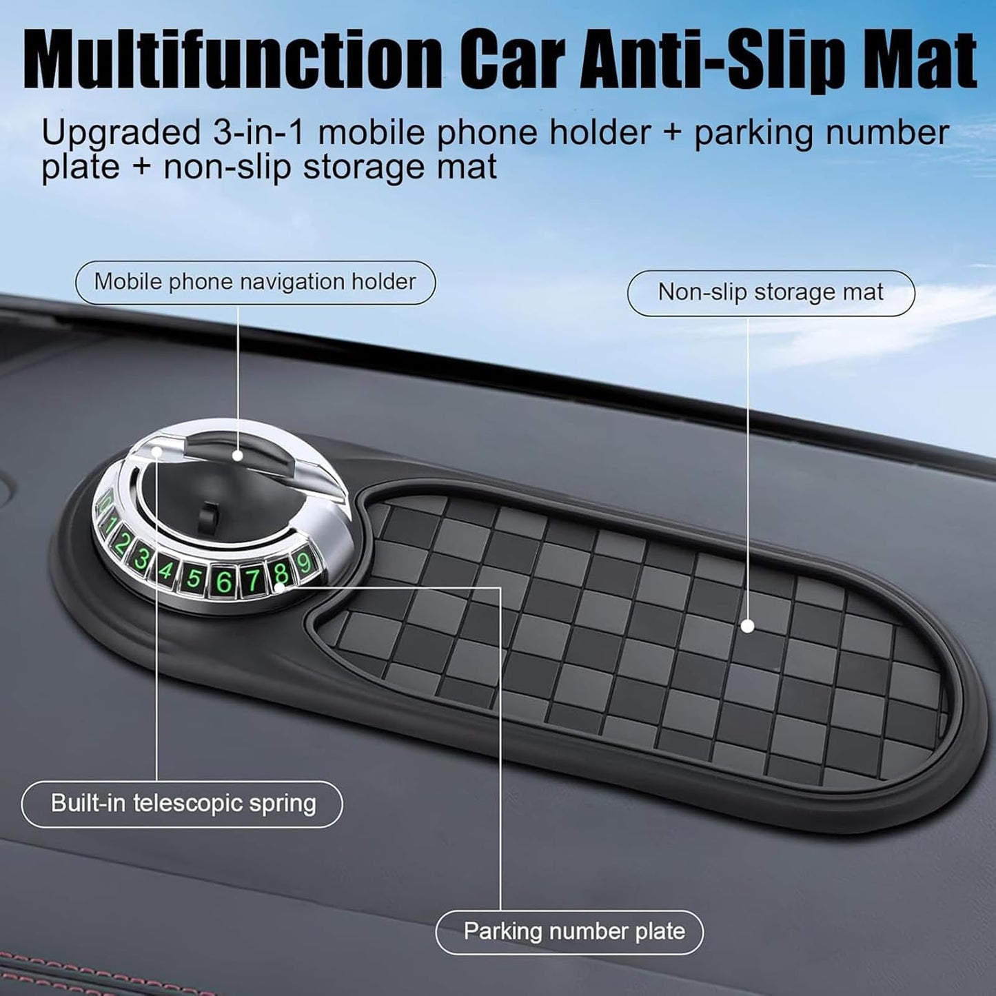 Multifunction Car Anti-Slip Mat, 2025 New Rotatable Anti Skid Car Dashboard Pad,Auto Phone Holder-Universal Non-Slip Car Mat, with Temporary Parking Numbe, for Phone Sunglasses Keys Gadgets (Silver)