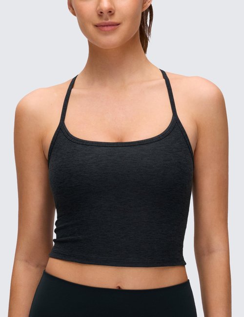 CRZ YOGA Cut-Out Y Back Crop Tank Tops for Women - Scoop Neck Spaghetti Strap Racerback Yoga Longline Sports Bra Non Padded Black Small