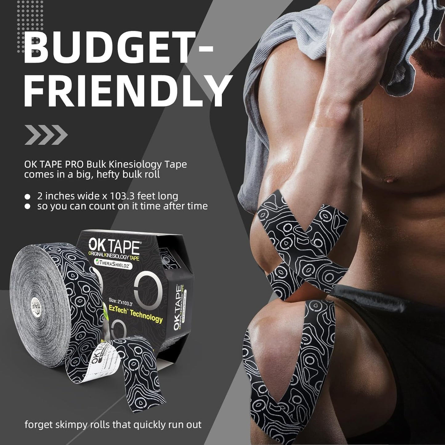 OK TAPE Kinesiology Tape - Pro Adhesive, Water-Resistant Elastic Athletic Tape | 103 Feet, Black