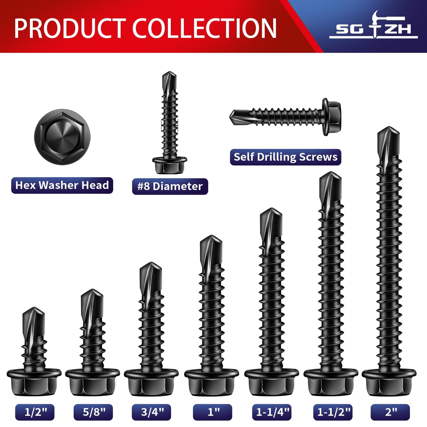 SG TZH (131Pcs)#8 x 1-1/2" Sheet Metal Screws 410 Black Stainless Steel Hex Washer Head Fast Self Tapping Screws Tek Screws with Hex Socket Included