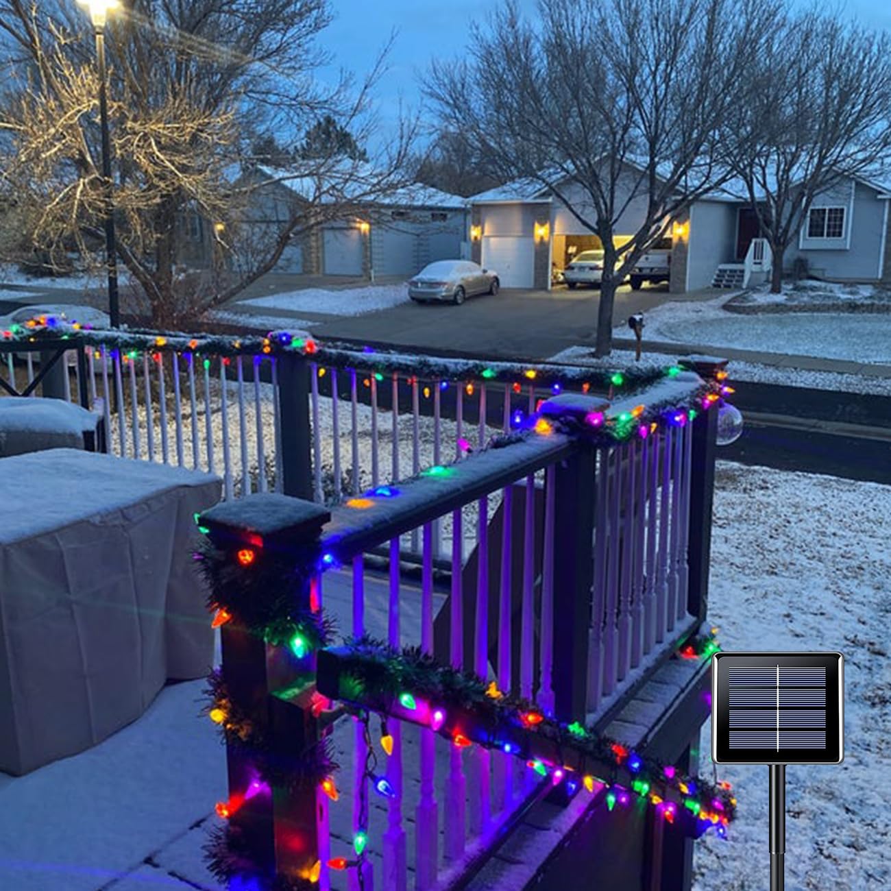 Anycosy Solar Christmas Lights, 29.5 FT 60 LEDs C7 Strings Lights 8 Modes with Auto On/Off Time for Xmas Tree Garland Garden Patio Indoor Outdoor Christmas Decorations WC-60