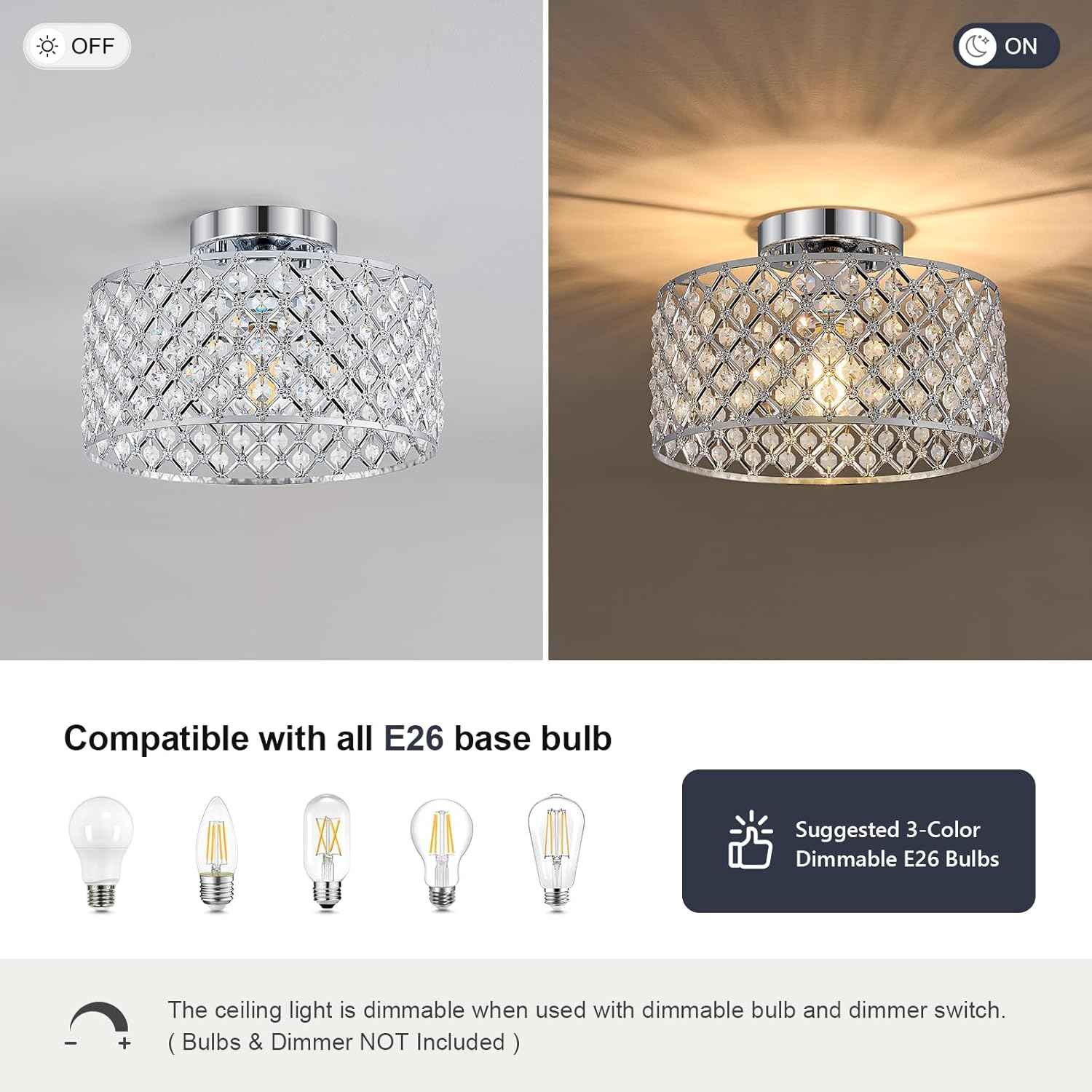 Modern Black Crystal Semi Flush Mount Ceiling Light Fixture - 11.2" Round Chandelier for Dining Room, Hallway, Kitchen & Bedroom