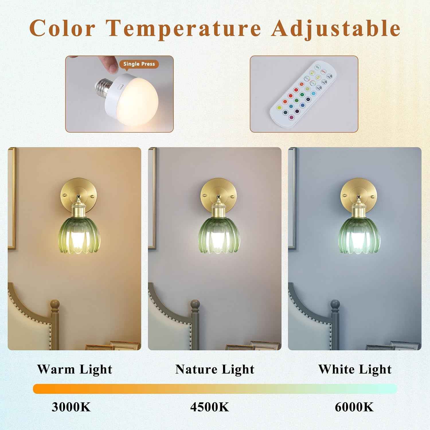 Rechargeable Vintage Wireless Wall Sconces - Gold LED Tulip Glass Lamps with Remote Dimming for Bedroom & Living Room