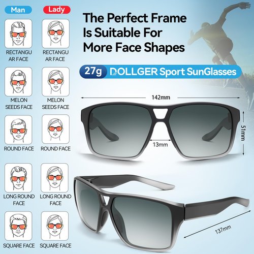 Dollger Polarized Sports Sunglasses for Men Women UV400 Protection Goggles Running Cycling Fishing Golf Bike TR-90 Frame