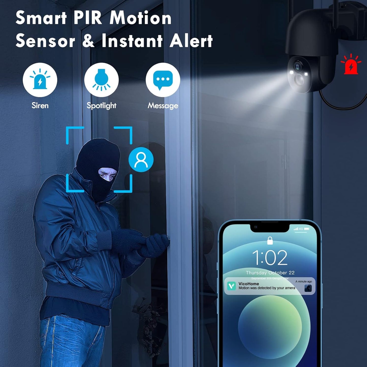Wireless Solar Security Camera 3MP 2K FHD - 355° PTZ, Spotlight, Motion Detection, Color Night Vision
