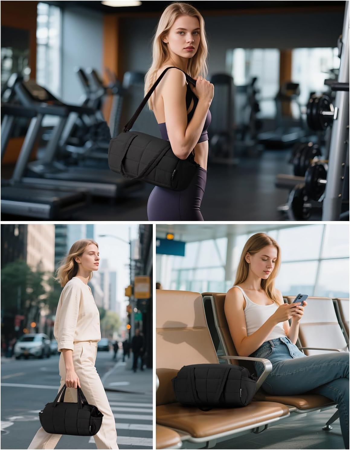 Noozion Mini Gym Bag - Lightweight Quilted Duffle with Wet Pocket & Adjustable Strap | 12 Inch for Yoga, Pilates, Swimming