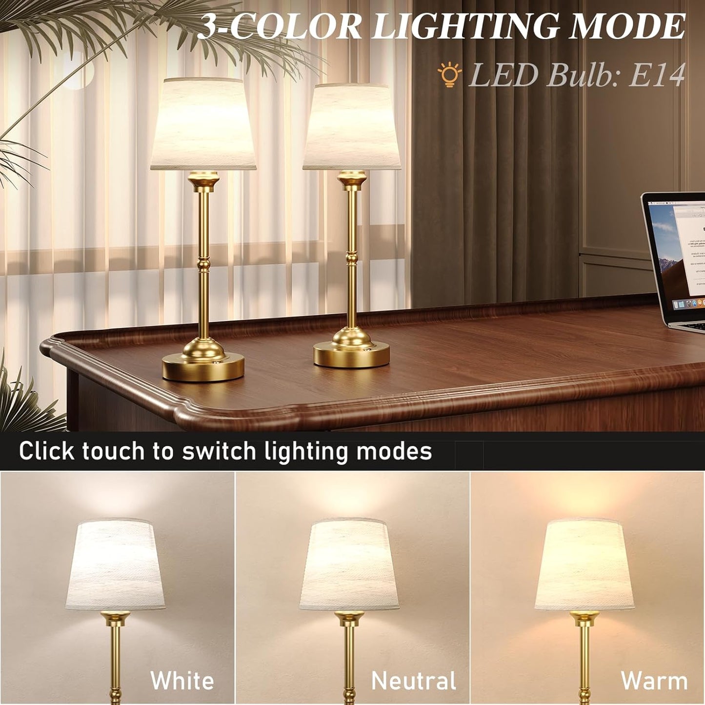 Rechargeable Cordless Table Lamps - 2 Pack, Stepless Dimming LED Desk Light for Bedroom & Cafe
