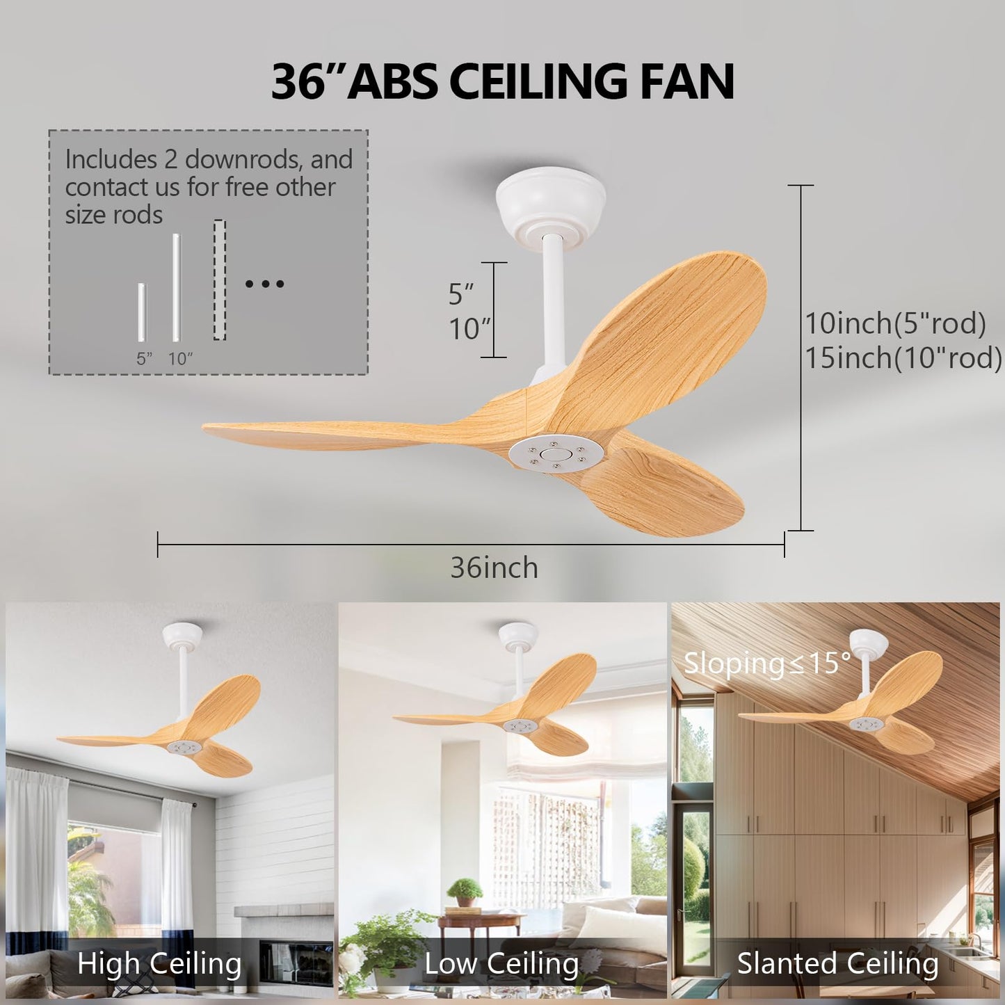 KBZZ 36 Inch Ceiling Fan without Light,6 Speeds,Reversible Silent DC motor,3 ABS Blades,Modern Ceiling Fan No Light,Ceiling Fan with Remote for Indoor Outdoor Farmhouse Bedroom Living Room