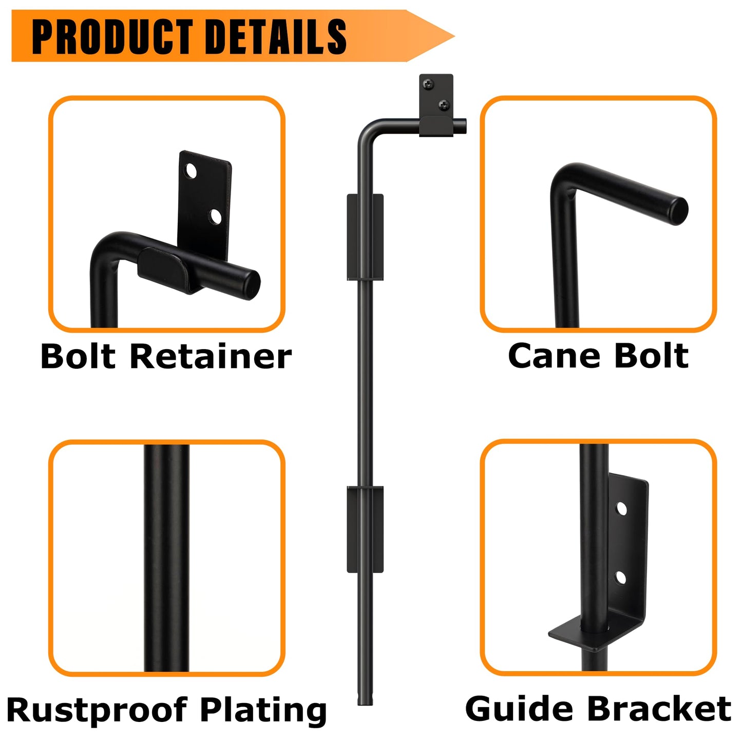 DJSUNPACKING 12" Heavy Duty Cane Bolt Gate Drop Rod with Black Finish-Steel Gate Ground Latch Designed for Wood Metal Vinyl Gates or Double Doors Fence Applications-1 Pack