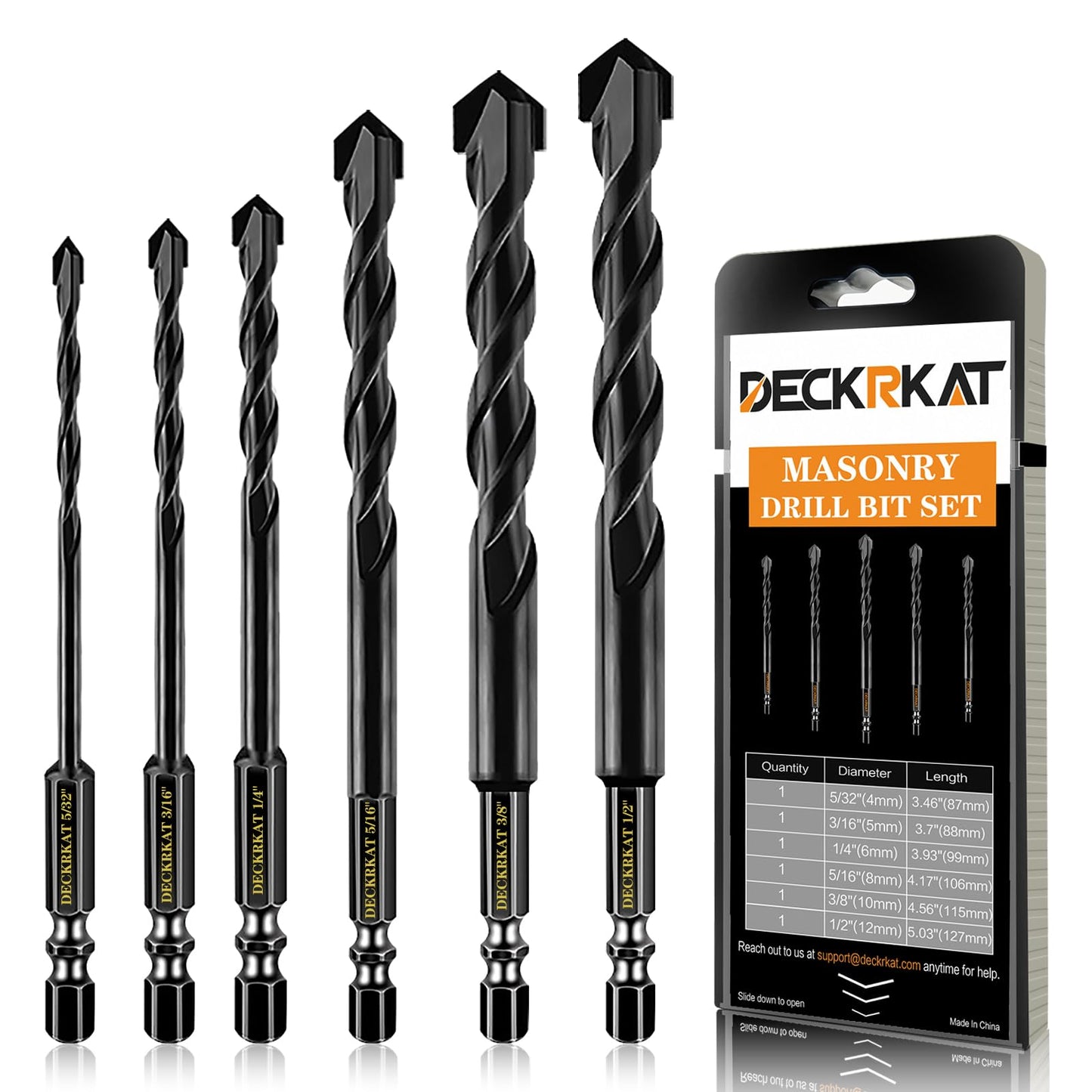 DECKRKAT 6-Piece Black Masonry Drill Bit Set for Concrete, Brick, Tile - Carbide Tipped, Quick Change 1/4" Hex Shank (5/32",3/16",1/4",5/16",3/8",1/2") w/Storage Case