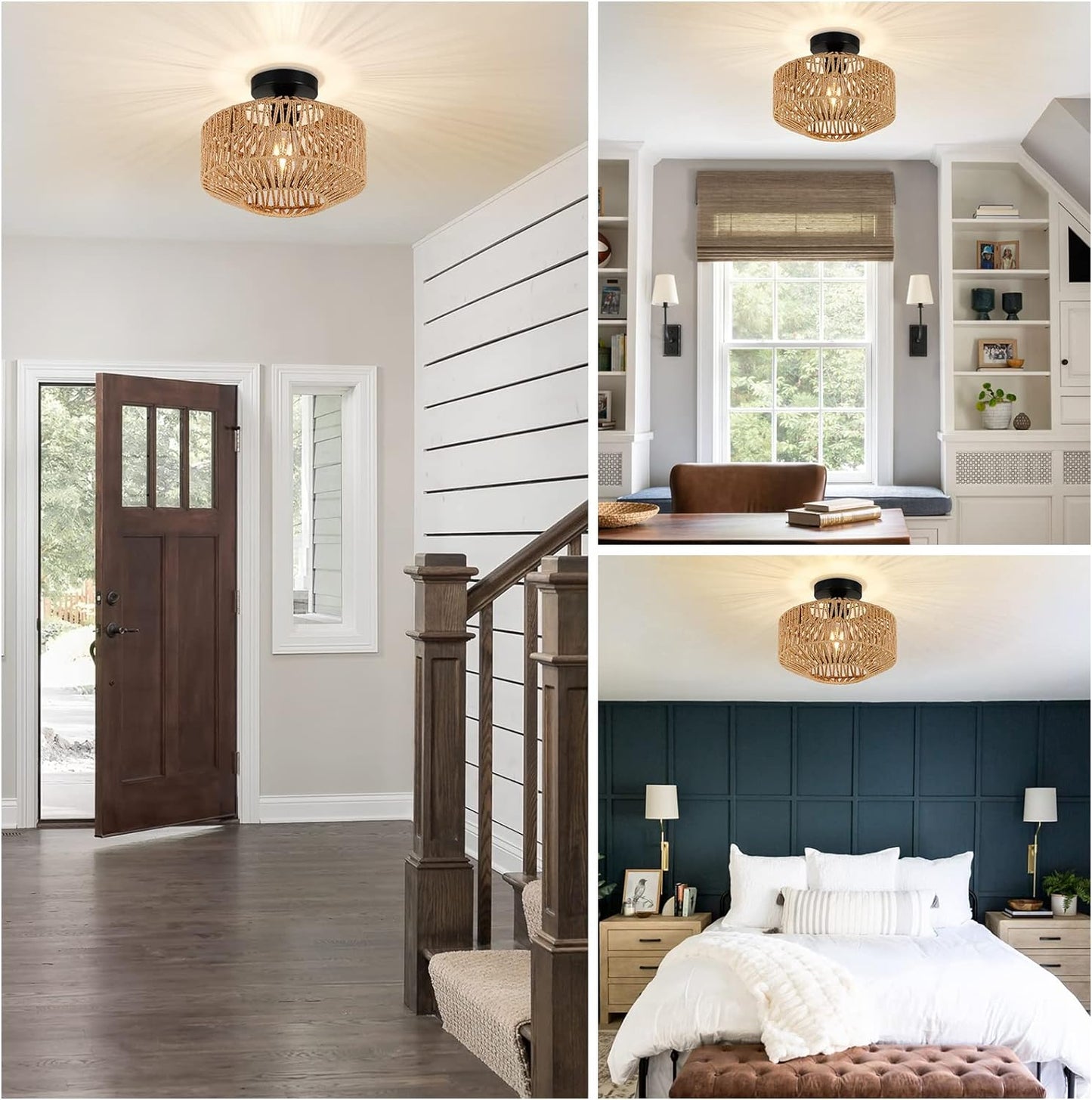 Boho Rattan Chandelier Ceiling Light Fixture with Dimmable LED Bulb - Hand Woven Flush Mount for Hallway, Bedroom, Kitchen & Living Room