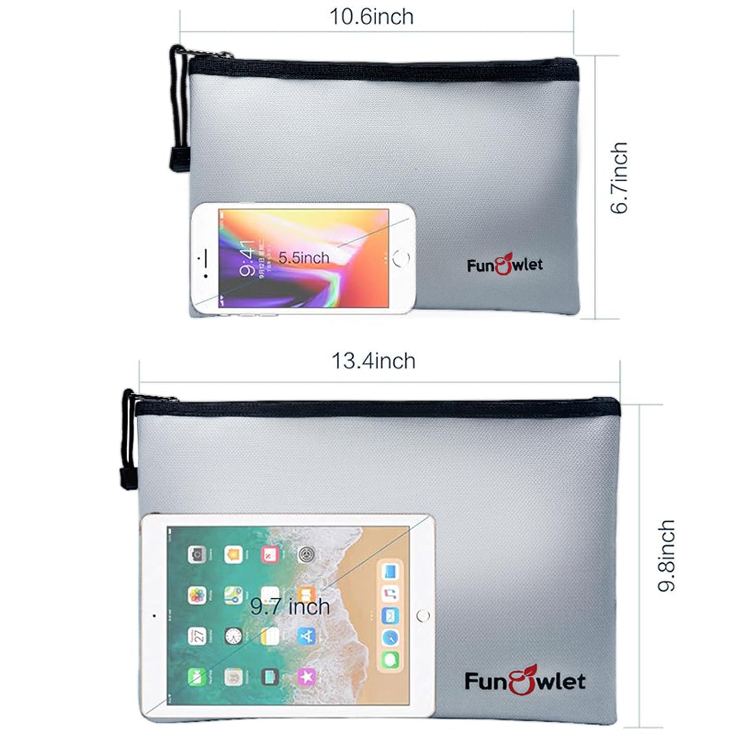 Fireproof Safe Money Document Bags - 2 Pack 13.4" x 9.8" and 10.6" x 6.7" Waterproof Zipper Bag, Fire & Water Resistant Storage Organizer Pouch for A4 A5 Documents Holder,File,Cash,Passport,Tablet