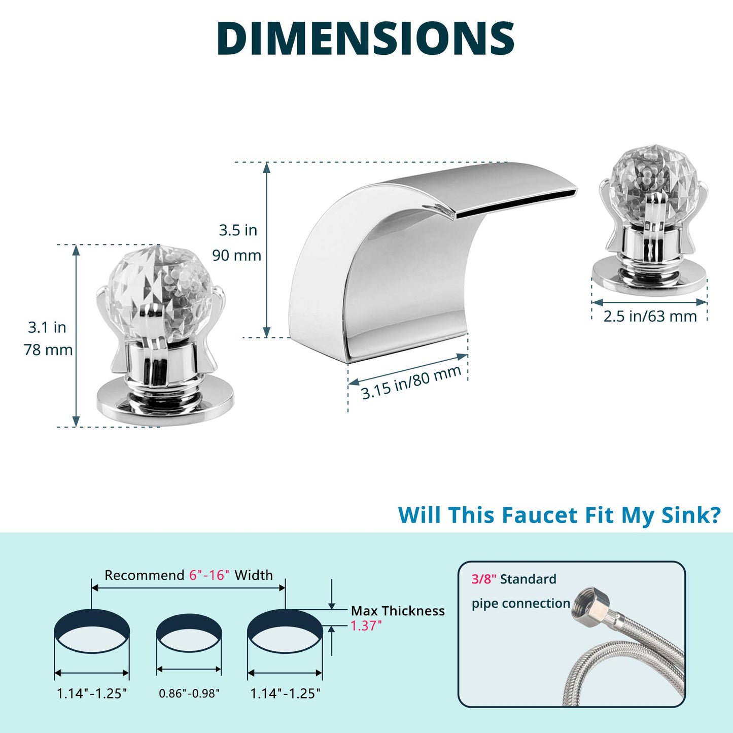 DOLGABA LED Bathroom Faucet 3 Hole Chrome Waterfall Bathroom Sink Faucet with Light, 8 Inch Widespread Modern Vanity Tap with 2 Crystal Handles and Water Supply Hoses