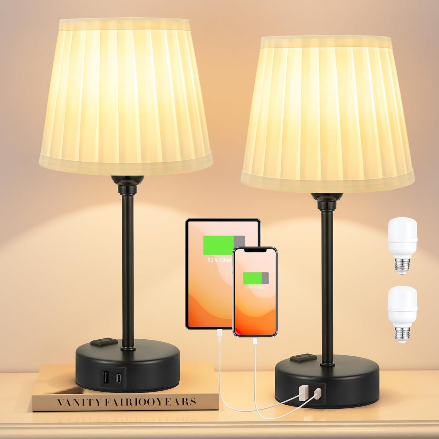 Set of 2 Mini Bedside Lamps with USB-C & AC Outlet - Dimmable Touch Nightstand Lights for Bedrooms