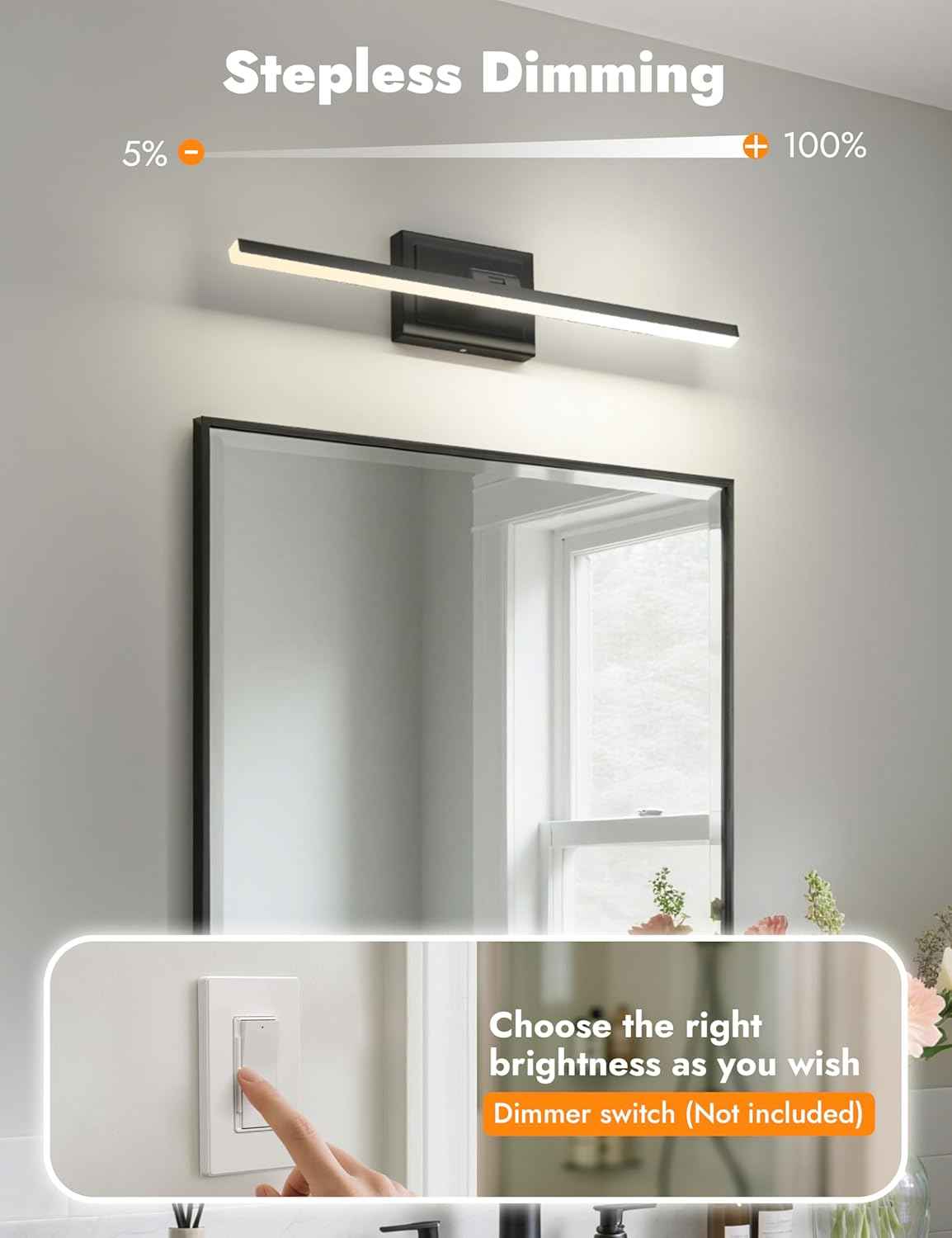 NIORSUN 24-Inch Dimmable LED Bathroom Vanity Light Fixture - Modern Black Over Mirror Lighting, 5CCT, ETL Certified