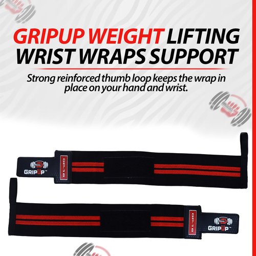 GripUp Weight Lifting Wrist Wraps Support18” Elasticated Cotton Straps Thumb Loop Powerlifting Bodybuilding Fitness Strength Gym Training Workout Gymnastics & Calisthen GP-18 (Red)