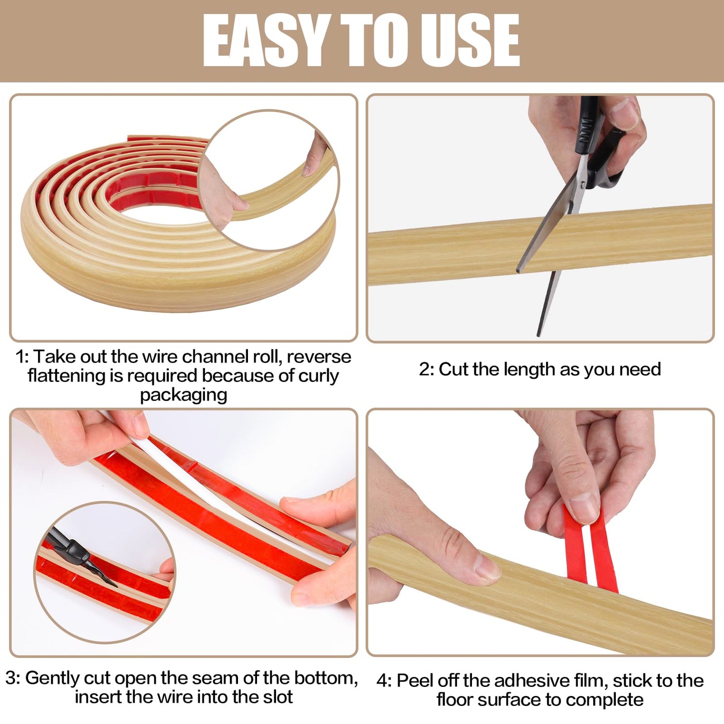 Floor Cord Cover Self Adhesive Cord Hider,3.3FT Cable Management, Extension Strip Protector for Wires, Prevent Cable Trips for Offices, Gyms, Exhibitions Cavity:0.39"(W) x0.27(H) WoodLightyellow