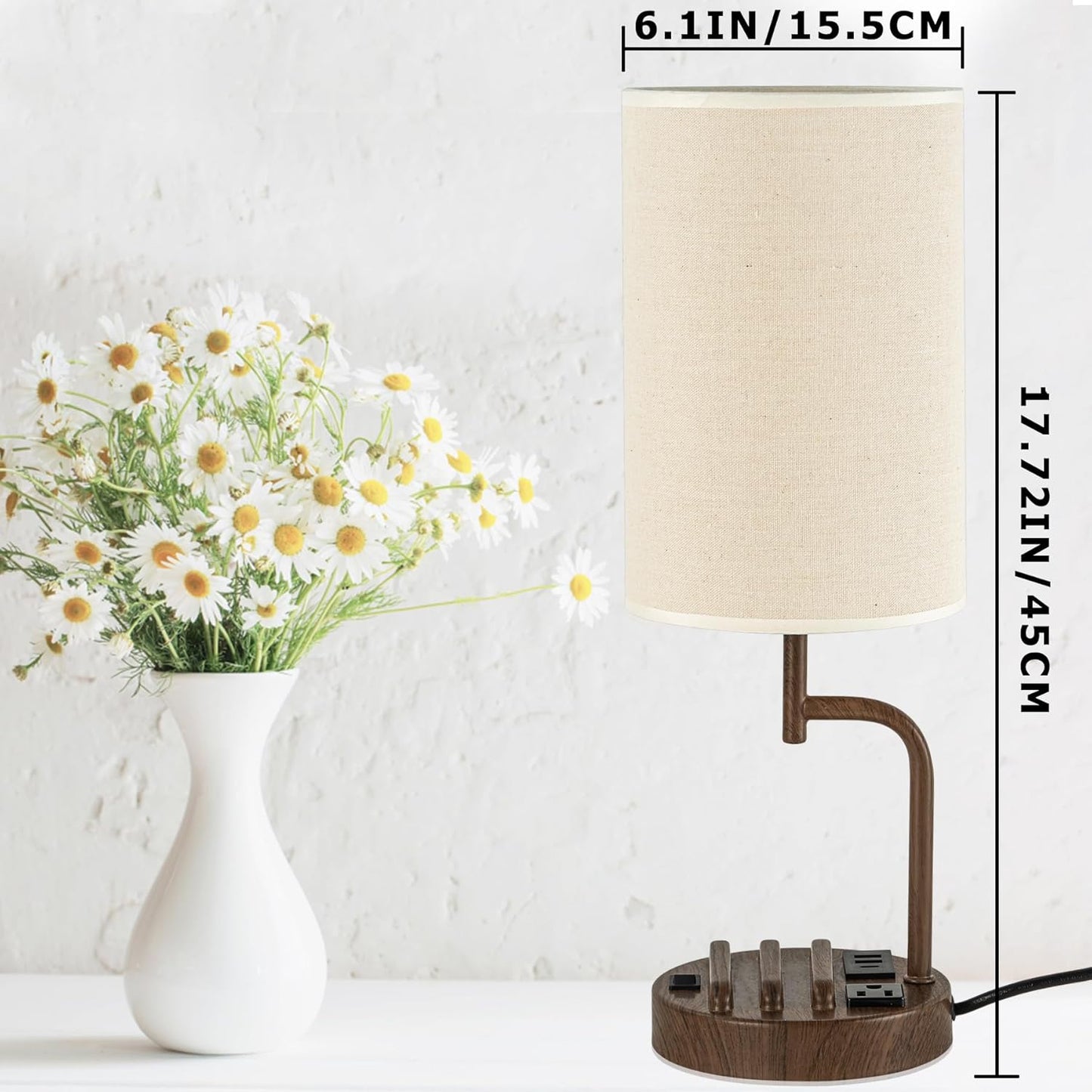 Modern Table Lamp with 3 USB Ports & AC Outlet - Set of 2 Bedside Desk Lamps in Silver