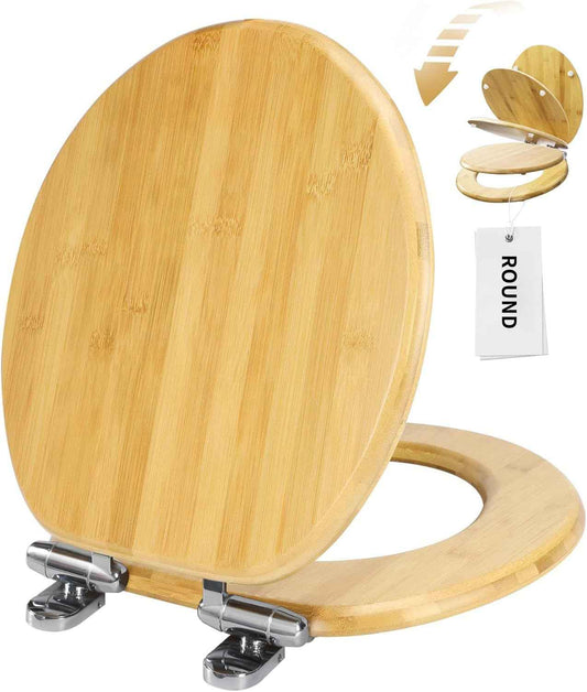 17-Inch Round Bamboo Toilet Seat with Quick Release & Slow Close - Zinc Alloy Hinges