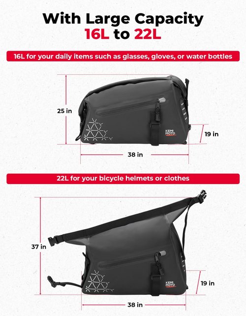 KEMIMOTO Bike Bag Full Waterproof, Bike Rear Rack Bag 16L Capacity, Bicycle Trunk with Two Shoulder Straps for Road and Mountain Cycling Travel (Black)