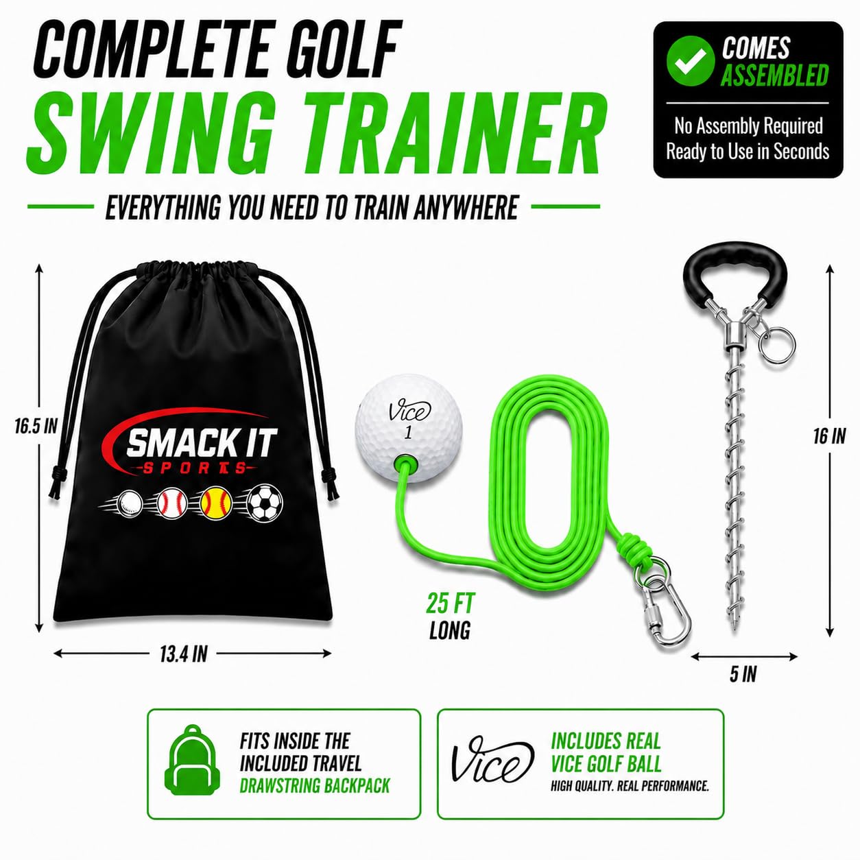 SWING AWAY! Golf Training Tool for Drivers & Irons - Practice Your Swing in The Backyard with A Real Ball & Experience 50 Feet of Flight Feedback - for Golfers of All Ages - Made in USA