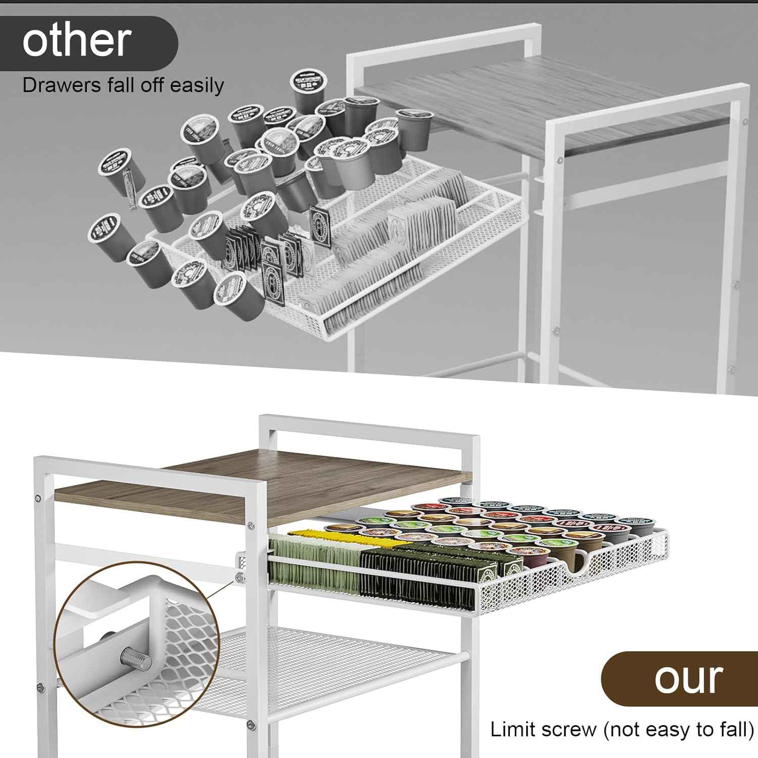 Modern White Coffee Bar Cabinet on Wheels - 5-Tier Storage Station with Drawer for Home Kitchen & Liquor Buffet