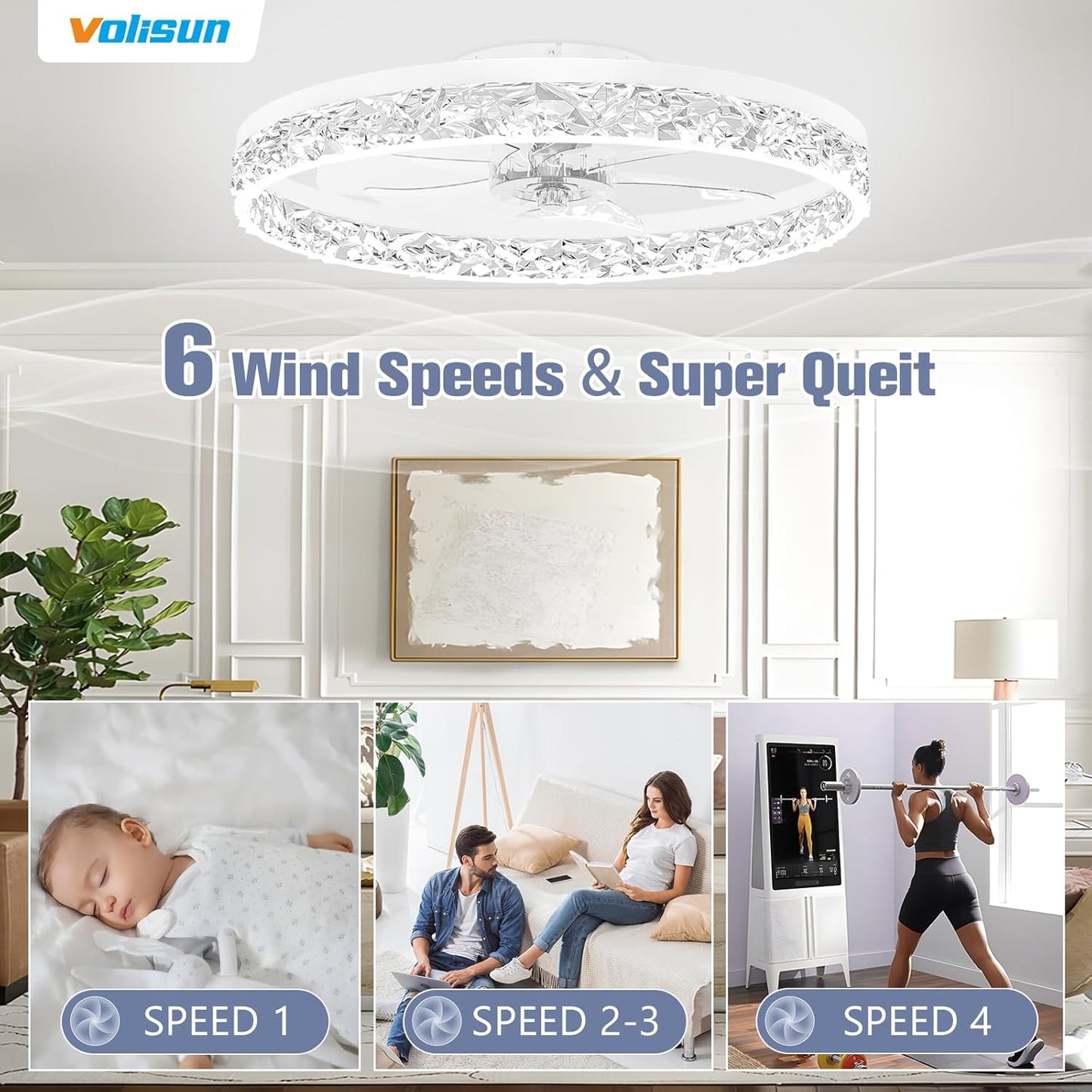 Modern Bladeless Ceiling Fan with Light & Remote - 15.7in Low Profile Fandelier, Dimmable 3000K-6500K for Bedroom