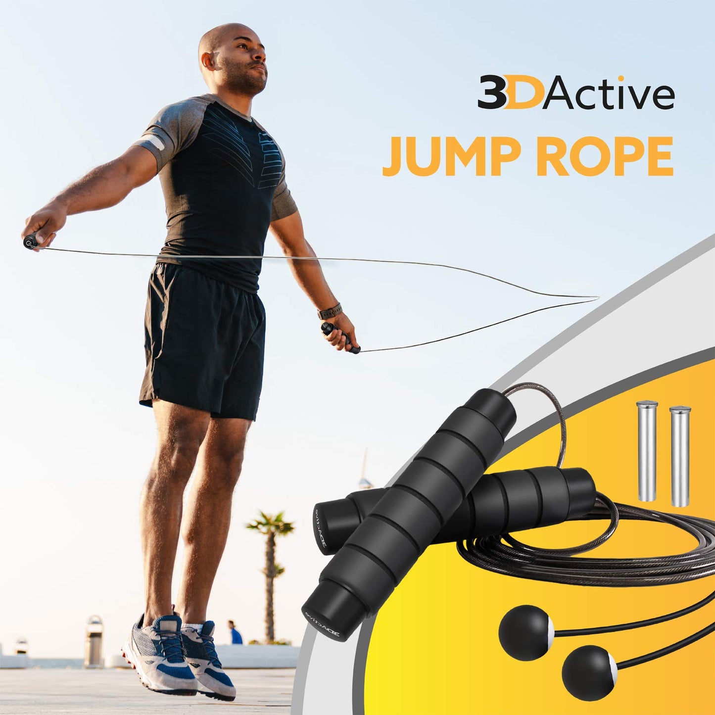 3DActive Jump Rope, Tangle-Free Adjustable Skipping Rope with Ball Bearings. Perfect for Home Workouts, Cardio Exercise & Burning Calories. Cordless Jump Rope, Handle Weights & Carry Bag Included - Black
