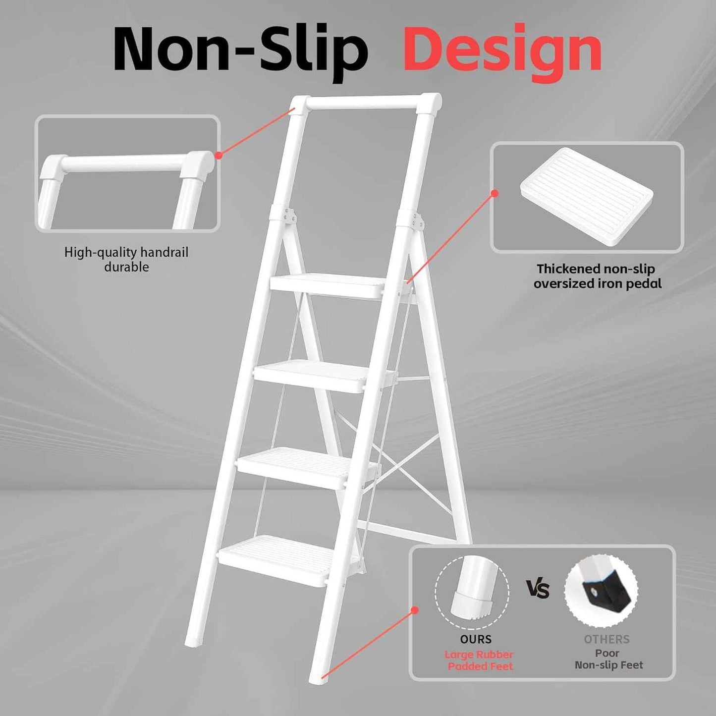 DIAMONDFORGE 4-Step Folding Ladder - Sturdy Steel Construction, Anti-Slip Pedals & Feet, Handgrip - Home Use, White & Red