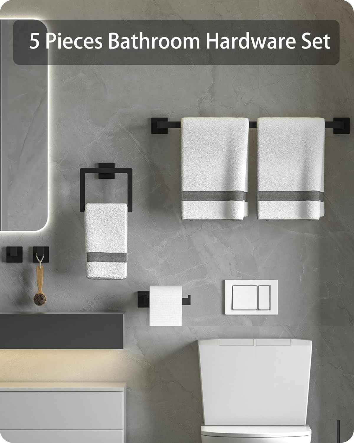Brushed Nickel Bathroom Hardware Set - 10-Piece Towel Bar, Ring, Hook & Holder Kit
