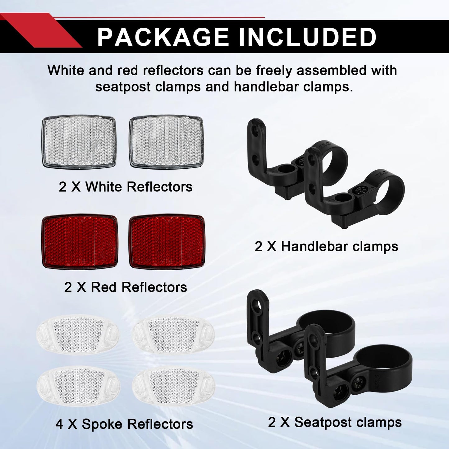 PSLER 8-Piece Bike Reflector Kit for Night Riding, Front and Rear Bicycle Safety Lights, Reflectors for Handlebar & Seatpost & Wheel Spoke, Cycling Warning Reflectors for Bike Road Safety