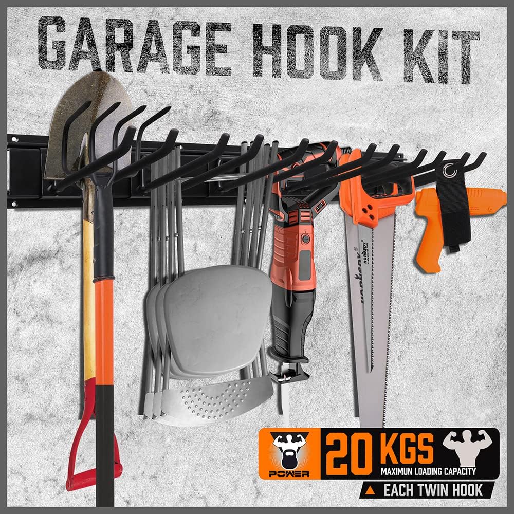 Heavy Duty Garage Organization Rack - 64-Inch Tool Storage with 600LB Capacity, 4 Rails & 9 Adjustable Hooks