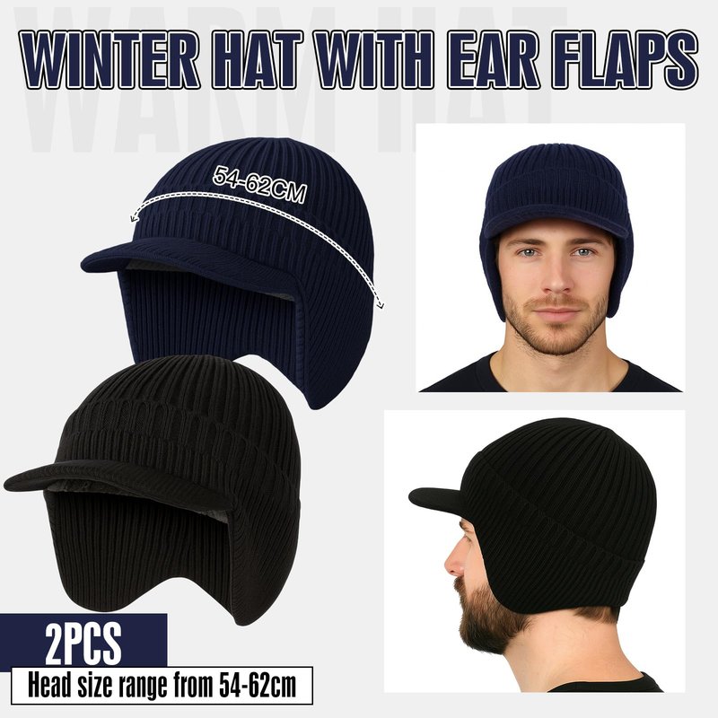 Simlakey 2 Pcs Winter Hats with Brim and Ear Flap Fleece Winter Beanie Hat Outdoor Warm Lined Knit Hat for Men Women(Black, Navy Blue)