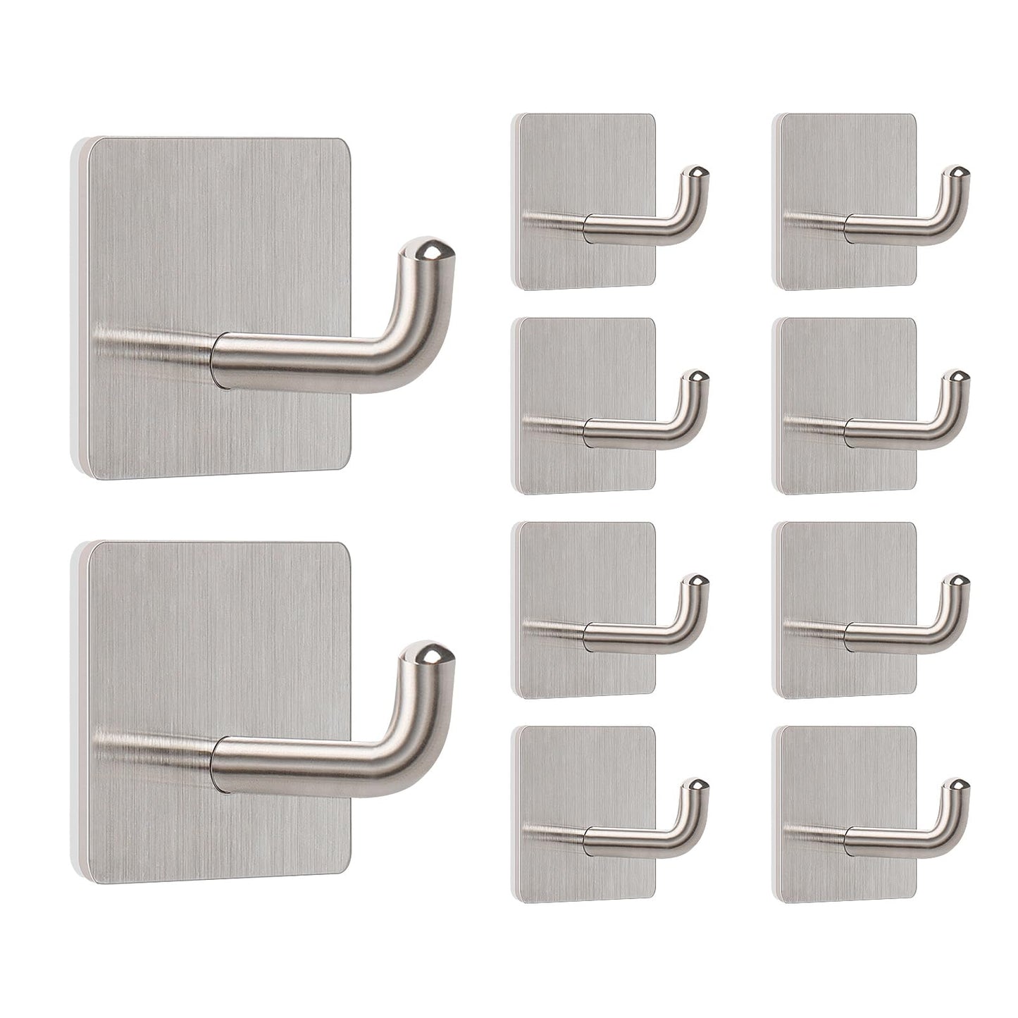 Livabber Adhesive Towel Hooks, 304 Stainless Steel Self Sticky Wall Hooks Waterproof Shower Hooks for Robe/Clothes, No Drilling Towel Hangers for Bathroom Kitchen Bedroom (Brushed Nickel, 10 Packs)