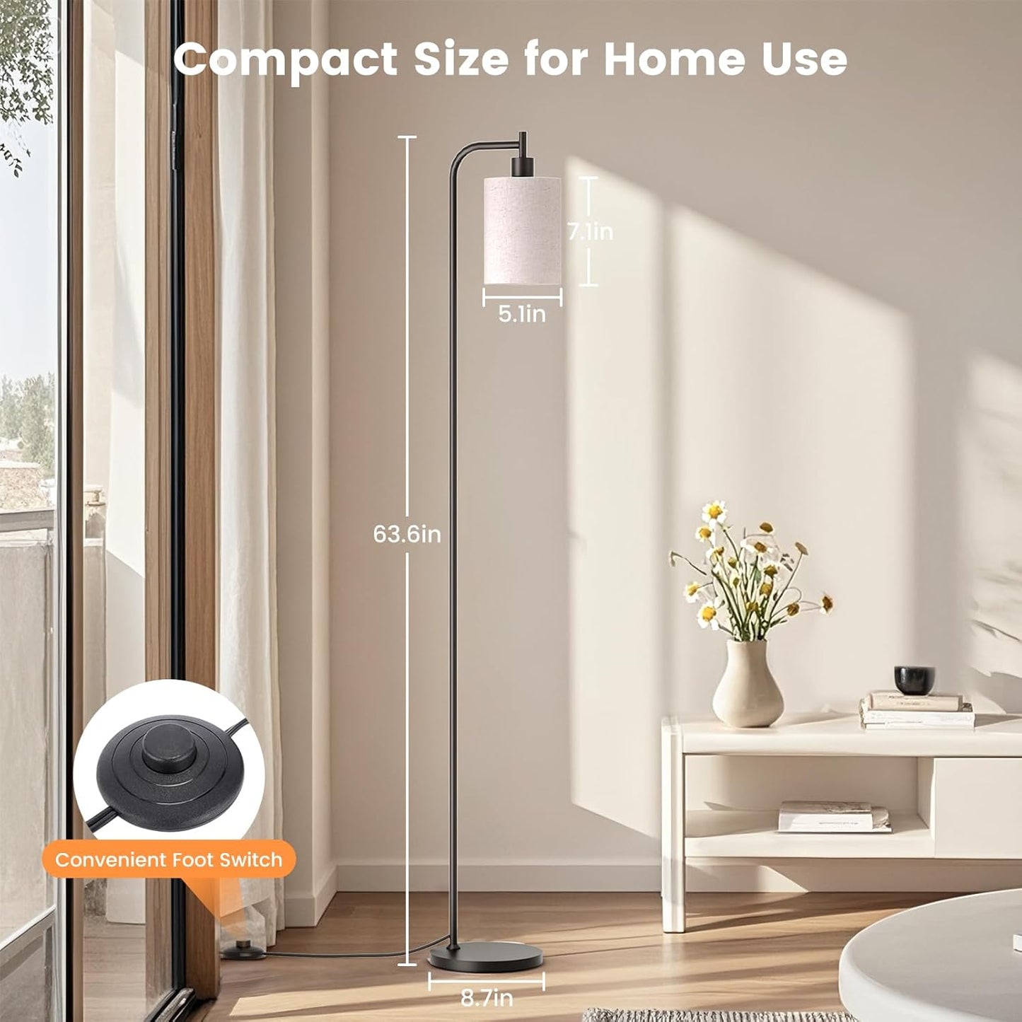 Dimmable Floor Lamp with Linen Shade & Remote Control - Modern 9W LED Standing Lamp for Living Room, Bedroom, Office