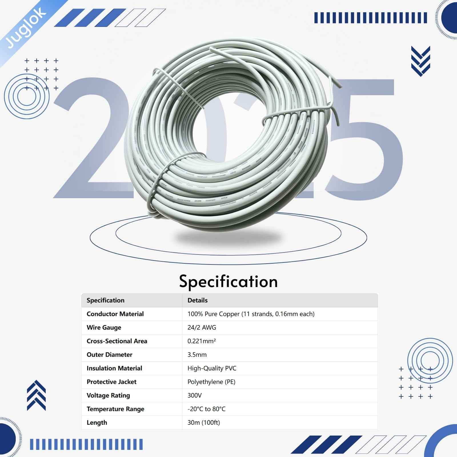 Garage Door Wire - 24/2 AWG Multi-Conductor Thermoplastic-Insulated Wire, Universal 2 Conductor Cable for Garage Door Sensors (100ft)