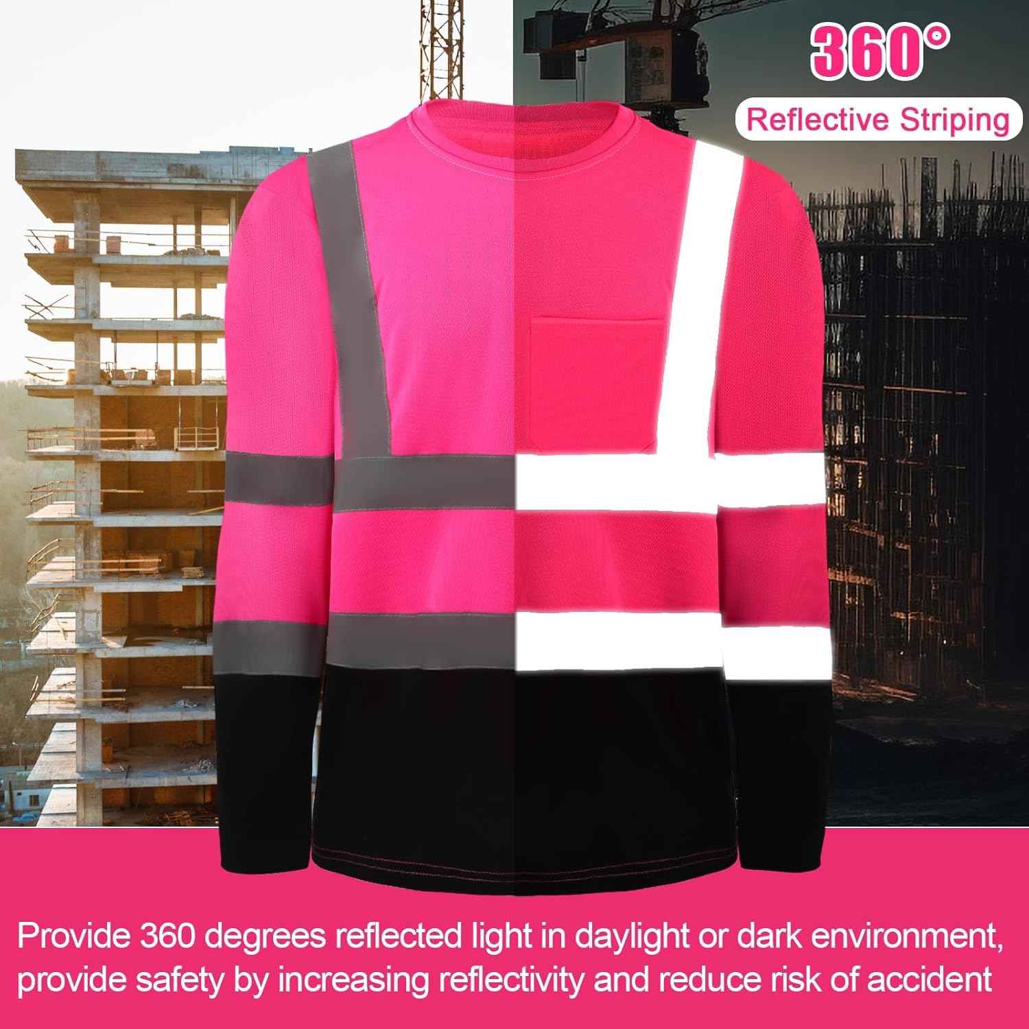 High Visibility Long Sleeve Safety Shirts - 6 Pack Class 3 Reflective Wicking Shirts with Pocket (Yellow)