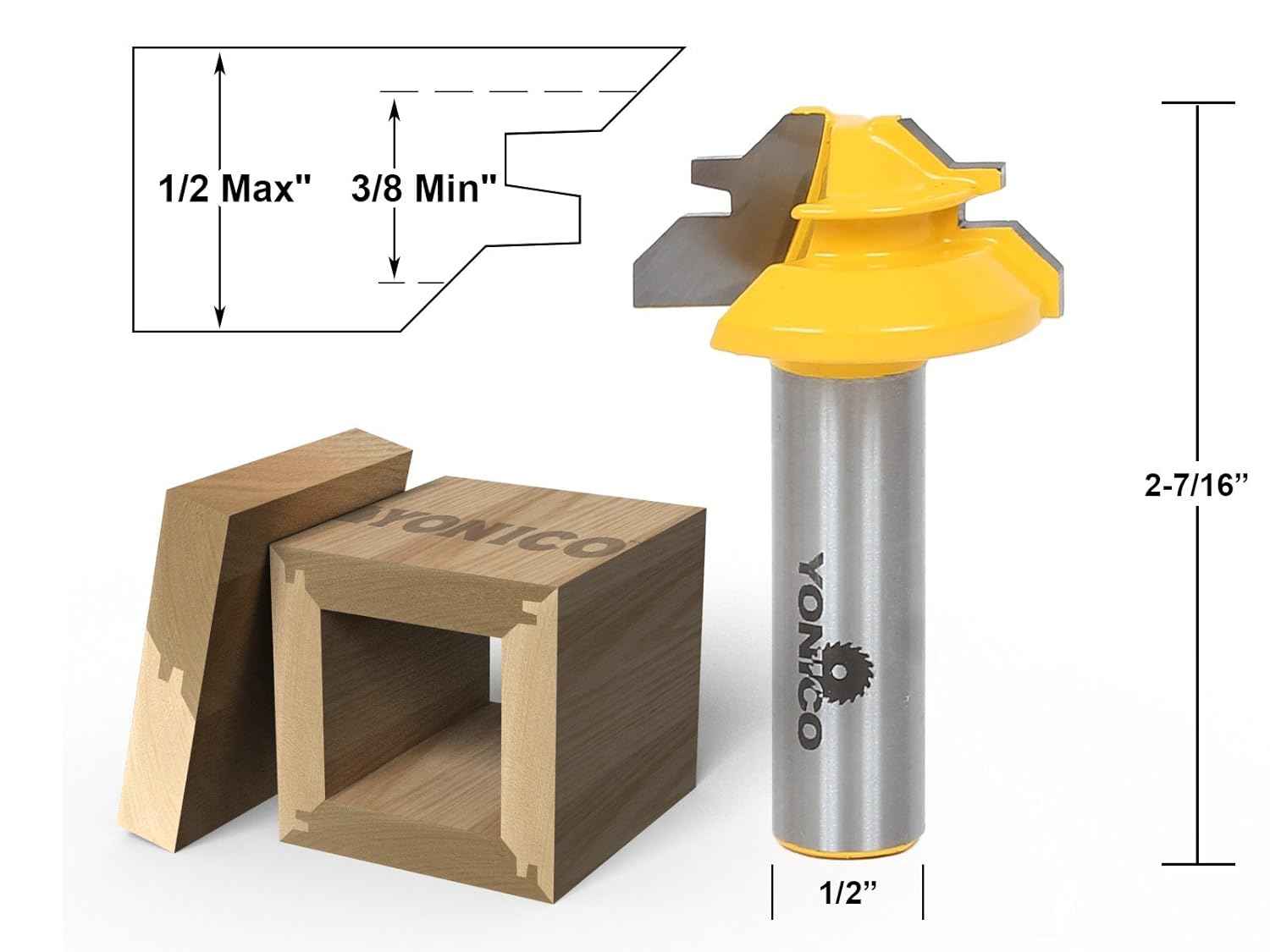 YONICO 45° Lock Miter Router Bit Set – 3 Bits, 1/2-Inch Shank for Precision Joinery